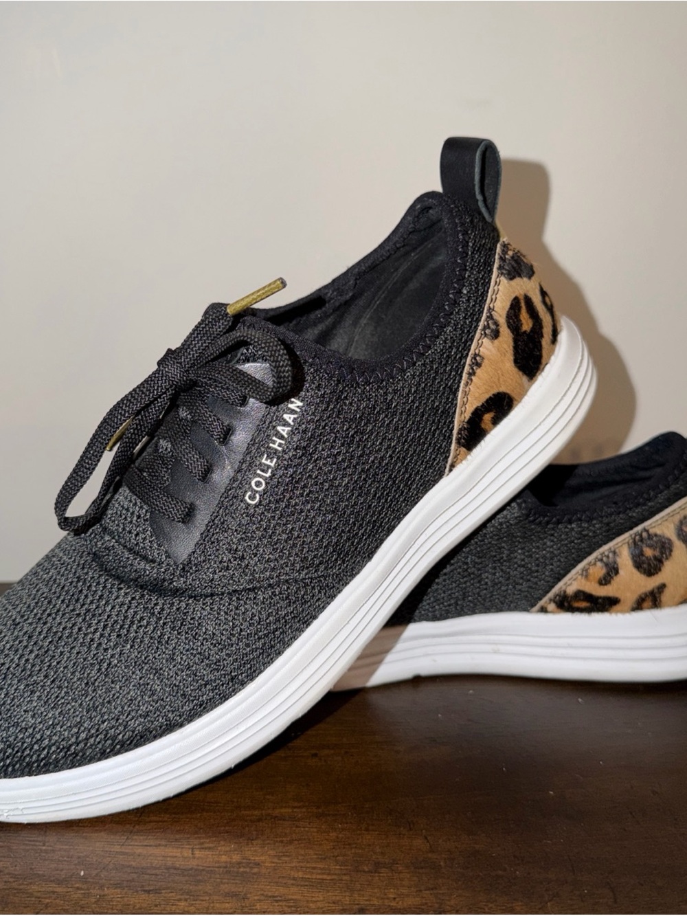 Cole Haan Gransport Black knit Sneakers W Leopard Print accents